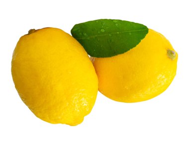 Yeşil limon yaprağı ve su damlacıkları ile iki taze olgun limon meyvesi yan görünümü kırpma yolu ile beyaz arka planda izole edilir.