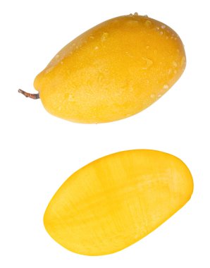 Tek bir olgun sarı mango meyvesi seti yarım ve su damlacıkları beyaz arka planda kırpma yolu ile izole edilir.
