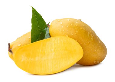 İki olgun sarı mango meyvesi ve yarım yeşil yapraklı ve yığın halinde su damlacıkları kesme yolu ile beyaz arka planda izole edilir..