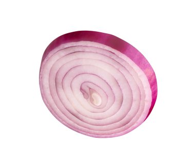 Bir İspanyol soğanı ya da kırmızı soğan dilimi kesme yolu ile beyaz zemin üzerinde izole edilir.