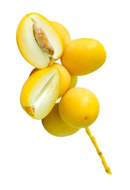 Taze olgun, sarı palmiye meyveleri üst üste yığılır ve beyaz arka planda kırpma yolu ile izole edilir. Müslümanlar için Ramazan ayında iftar yemeği kavramı