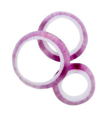 Taze kırmızı ya da mor İspanyol soğan halkalarının ya da yığın halinde dilimlerin üst görünümü kırpma yolu ile beyaz arkaplanda izole edilmiştir..