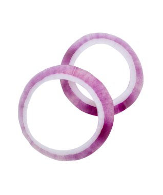 Taze kırmızı ya da mor İspanyol soğan halkalarının ya da yığın halinde dilimlerin üst görünümü kırpma yolu ile beyaz arkaplanda izole edilmiştir..