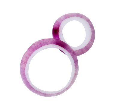 Taze kırmızı ya da mor İspanyol soğan halkalarının ya da yığın halinde dilimlerin üst görünümü kırpma yolu ile beyaz arkaplanda izole edilmiştir..