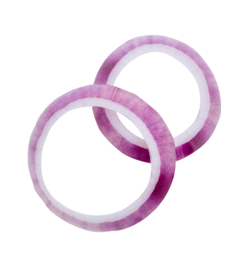 Taze kırmızı ya da mor İspanyol soğan halkalarının ya da yığın içindeki dilimlerin üst görünümü png dosya biçiminde kırpma yolu ile izole edilir.