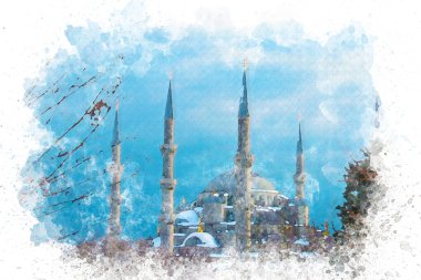 Suluboya sanatı Mavi Cami Minareleri, İslam ve din kavramı. Yüksek kaliteli illüstrasyon