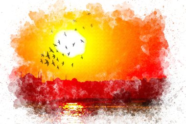 Suluboya sanatı İstanbul silueti gün batımı manzarası, sürü halinde uçan kuşlar, Boğaz manzarası. Yüksek kalite fotoğraf