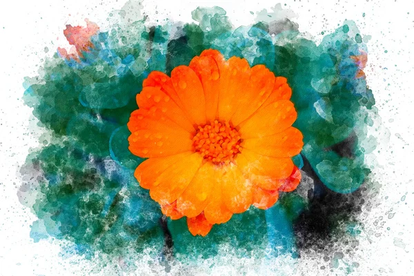 Uma Pintura Uma Flor Com Fundo Azul Fundo Verde Ilustração — Fotografia de Stock
