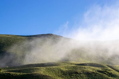 Sis ve güneşli dağlar. Güzel yeşil dağlar, doğa. Yüksek kalite fotoğraf