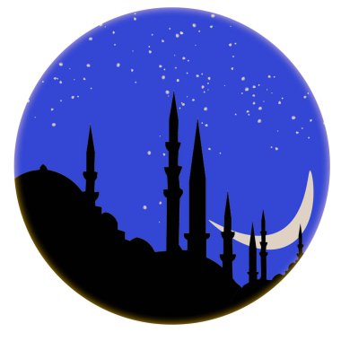 Ramazan, Kandil, Laylat el Kadir veya Kadir Gecesi temaları için mükemmel bir arka plan vektörü. Cami, minare, yıldızlar, gece, hilal.
