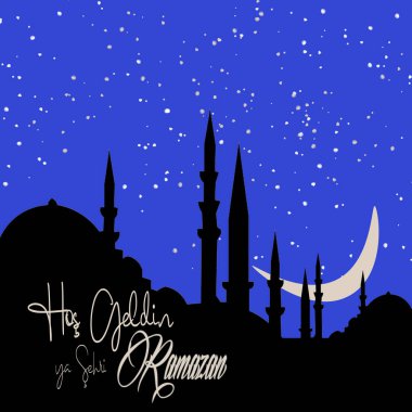 Hos Geldin Ya Sehri Ramazan ya da Ramazan Kareem. İstanbul Camii 'nin silueti ve gece hilal ayı. Kutsal Ramazan ayına hoş geldiniz..