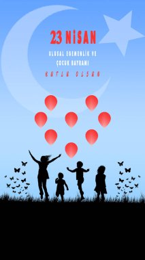 23 Nisan Ulusal Egemenlik ve Cocuk Bayrami ya da 23 Nisan Türkiye Ulusal Egemenlik ve Çocuk Günü için canlı bir grafik, Vektör illüstrasyonu