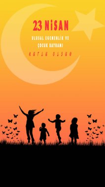  23 Nisan Ulusal Egemenlik ve Cocuk Bayrami, çeviri: 23 Nisan Ulusal Egemenlik ve Çocuk Günü. Vektör illüstrasyonu