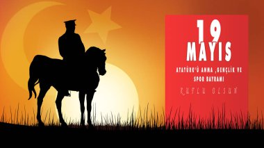 19 Mayis Atatürk 'u Anma Genclik ve Spor Bayrami. Tercümesi: 19 Mayıs, Atatürk, gençlik ve spor günü anısıdır. Atatürk ve Türk bayrağı.