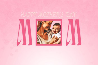 A charming Mother's Day greeting card design featuring 'MOM' text filled with a floral pattern on a pink heart-filled background, expressing love and appreciation. clipart