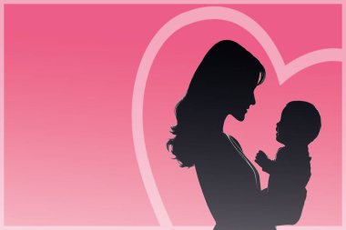 Bir annenin bebeğini kucağında taşıdığı yumuşak bir siluet, bir kalple örtülmüş, Anneler Günü için ideal. Vektör illüstrasyonu