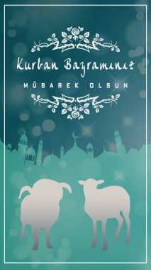 Kurban Bayramin Mubarek Olsun veya Kurban al-Adha bu sakin tebrik kartıyla, koyun siluetleri ve cami arkaplanı sergileniyor, sosyal medya hikayeleri ve paylaşımları için ideal. Vektör illüstrasyonu