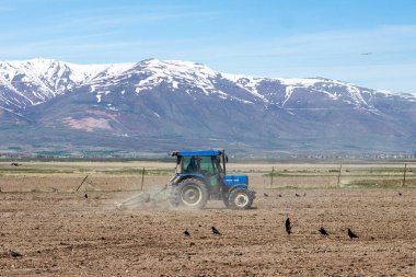 Çiftçilik: güçlü bir traktör toprağı sürükler, toprağı uzak tepelerdeki uzun süren kar örtüsüne karşı yeni bir büyüme döngüsü için hazırlar. Yüksek kalite fotoğraf