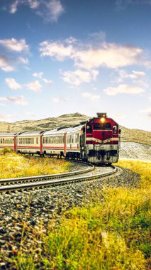 Dogu Ekspresi ya da Ankara-Kars Doğu Ekspresi 'nin Türkiye manzaraları arasındaki tren yolculuğu manzarası. Dikey plan, hikaye, gönderim için.