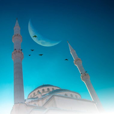 Ramadan or Islamic background photo of Al-Kazan Mosque in Erzurum, Turkey, featuring a crescent moon, flying birds. clipart