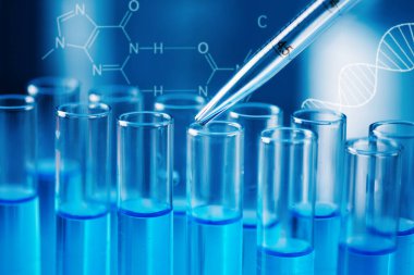 Test tubes with blue liquid water samples and pipette over blue background. Laboratory glassware, science laboratory research concept.
