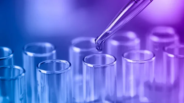Test Tubes Blue Liquid Water Samples Pipette Pipette Dropping Sample — Stock Photo, Image