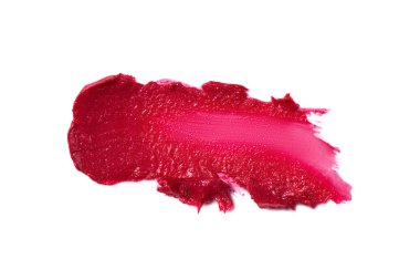 Textured smear of red lipstick isolated on white background. Smear of lip gloss or liquid eye shadow for design.