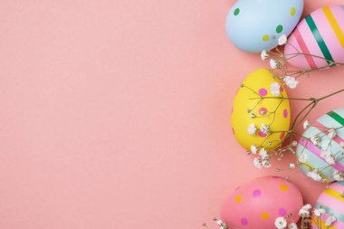 Renkli Paskalya yumurtaları ve çingene çiçekleri. Paskalya bayramı kompozisyonu. Kopya alanı olan paskalya yumurtaları.. 