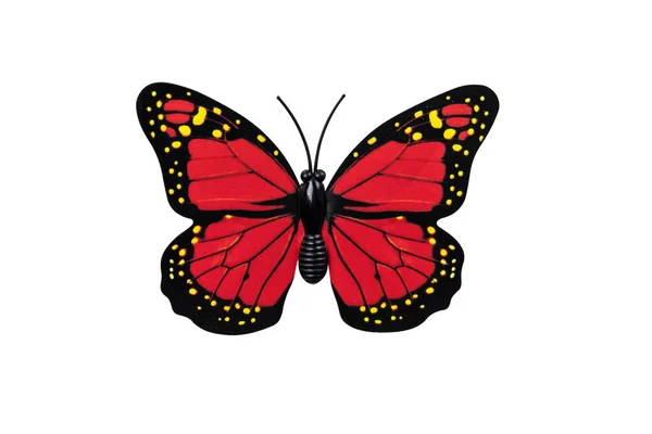 Red butterfly isolated on white background top view. Red butterfly with yellow spots as an element for design.