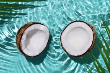 Hindistan cevizli yaz arkaplanı ve su sıçramaları. Tasarım için yaratıcı bir yaz geçmişi. Hindistan cevizi kozmetikleri.