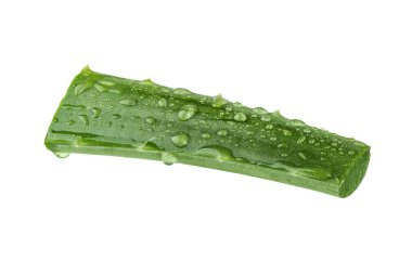 Beyaz arka planda izole edilmiş aloe vera jeli taze Aloe vera dilimi. Bitkisel ilaç ya da cilt bakımı için Aloe vera yaprağı dilimi.