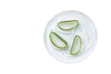 Aloe Vera, beyaz arka planda, petri kabında aloe jeli dilimler. Aloe Vera bitkisel ilaç. Kopya alanı ile doğal kozmetik arkaplanı. 