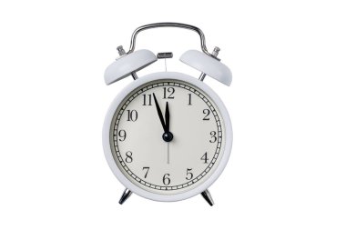 Beyaz arka planda beyaz retro alarm saati izole edildi. Tasarım için klasik alarm saati.