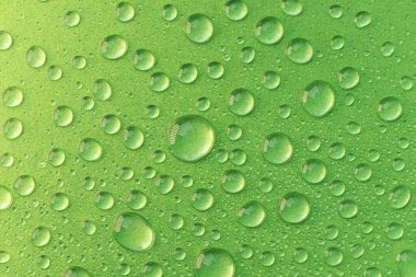 Yeşil arka planda su damlaları. Soyut su damlası dokusu.