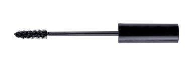 Beyaz arka planda siyah rimel fırçası var. Güzellik maskarası aplikatör fırçası beyaz renkte kesilmiş.