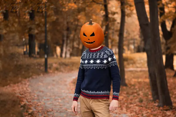 Portrait Adult Person Halloween Pumpkin Head Halloween Jack Lantern Funny — Stock Photo, Image