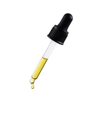 Dropper with cosmetic oil drop isolated on white background. Abstract drop of skin care oil.