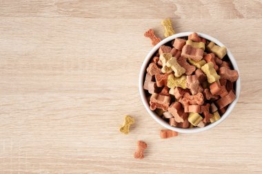 Kuru köpek maması, ahşap zemin zemin zemininde kemik şeklinde, arka planda fotokopi alanı olan. Tabak dolusu sağlıklı köpek maması. Beyaz kasede yerde evcil hayvan atıştırması.