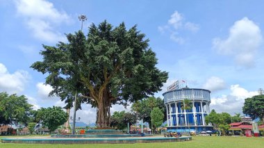 Magelang Şehri, Center Java Eyaleti, Endonezya - Kasım 2022: Kasımda Magelang Meydanı ve Kamu Şehir Parkı 'ndaki Büyük Banyan ağacı ve Su Toren Mirası su kulesi