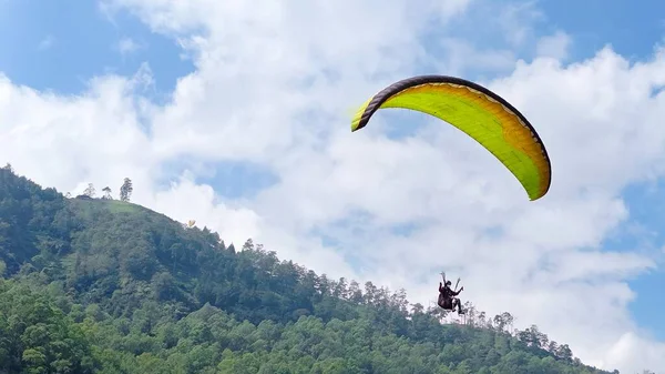 Paralotnia Lecąca Wysoko Nad Zielonym Lasem Sosnowym Niebieskim Tle Nieba — Zdjęcie stockowe