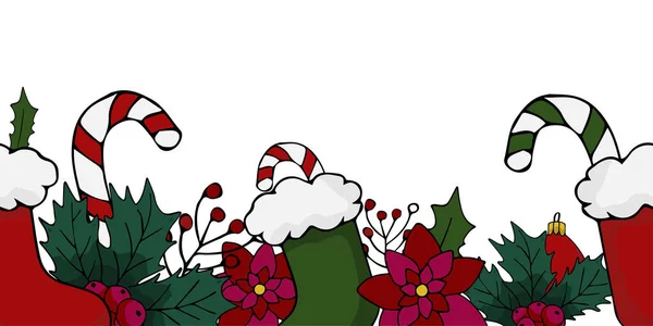 Kalıp Sınır Şablonu Çiçekli Çizmeli Şekerli Noel Öğeleri Çizim Stili — Stok Vektör