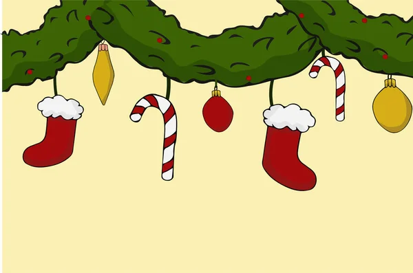 Noël Carte Postale Modèle Bannière Avec Boules Guirlande Branches Arbre — Image vectorielle