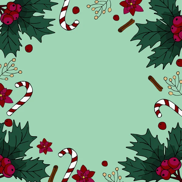 Set Von Weihnachtlichen Elementen Auf Grünem Hintergrund Zimt Süßigkeiten Vektorillustration — Stockvektor