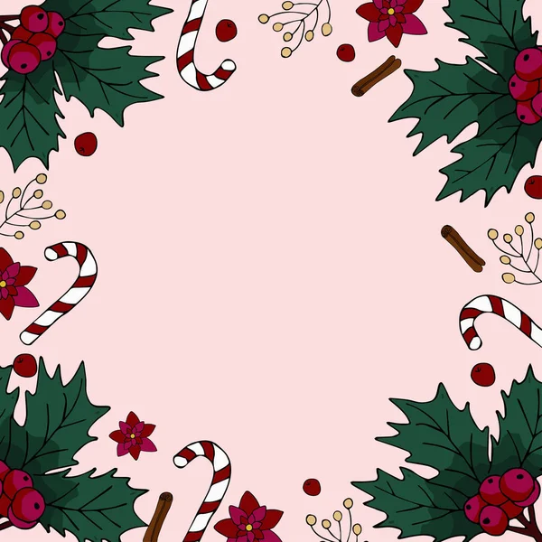 Set Von Weihnachtlichen Elementen Auf Rotem Hintergrund Zimt Süßigkeiten Vektorillustration — Stockvektor