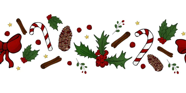 Счастливого Рождества Окон Карикатурными Декорациями Бамп Конфеты Лук Омелы Корицы — стоковый вектор