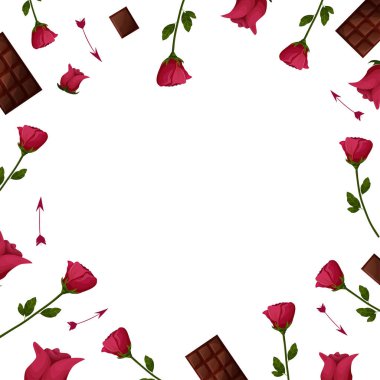 Valentine's Day. Background on white with roses, arrows, chocolate, champagne,/ Banner template, postcard, web. Vector illustration