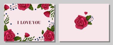 Valentine's Day. Postcard, banner, printable template. Roses, leaves, flowers, congratulations, flowers. Vector. 