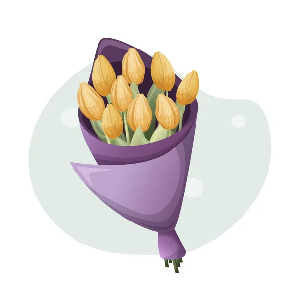 Concepto Ilustración Primavera Ramo Tulipanes Amarillos Envase Púrpura Vector Estilo — Vector de stock