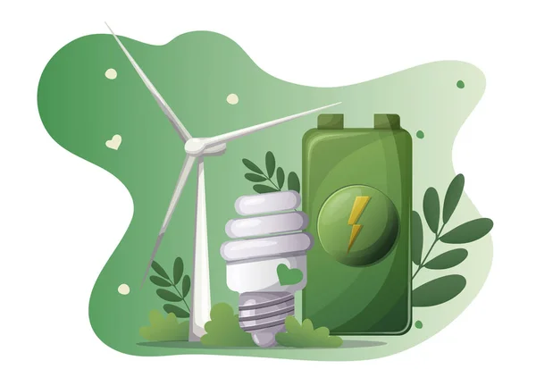 Konceptet Förnybar Grön Energi Planet Väderkvarn Batteri Energisnål Lampa Vektor — Stock vektor
