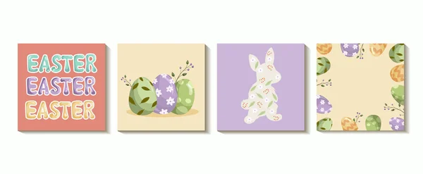 Trendy Easter Floral Template Persegi Telur Paskah Kelinci Huruf Yang - Stok Vektor